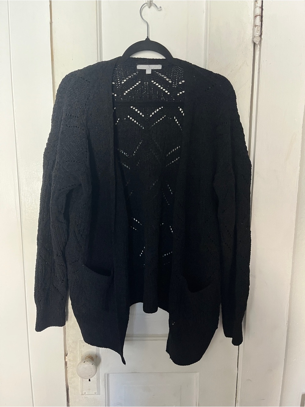Open-Front Black Knit Cardigan with Pocket Detail